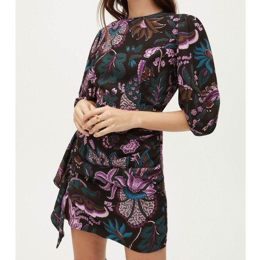 Rhode Pia Mini Dress Glowing Garden Floral Puff Sleeve Draped Ruffle Size Small